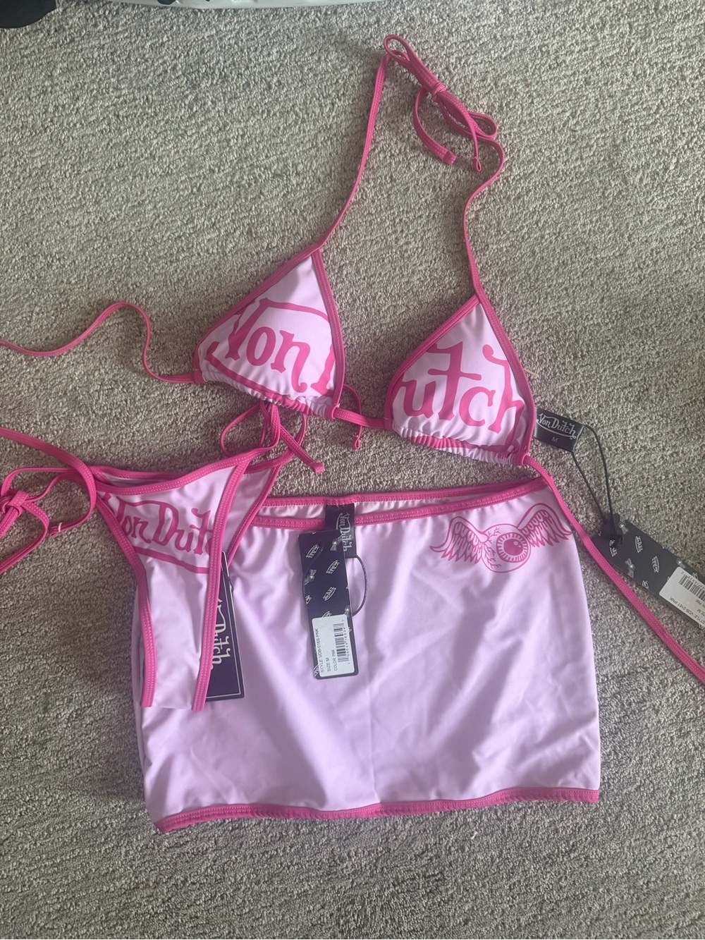 Von Dutch Pink Two-Piece Triangle Bikini Top with Matching Mini Skirt